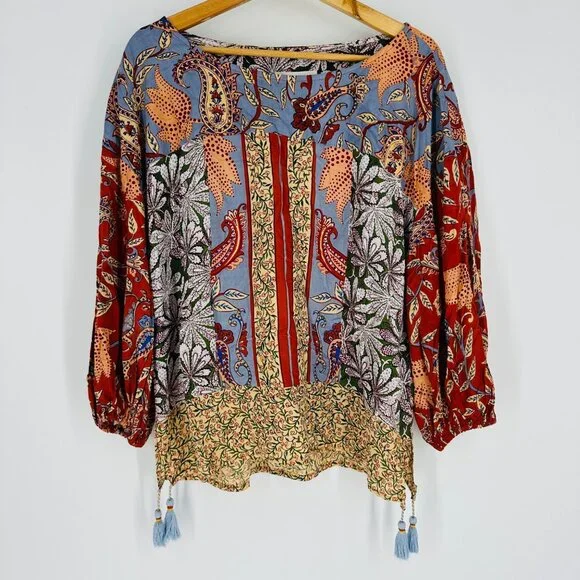 Anthropologie Womens Sonrisa Mixed Print Paisley Boho Tassel Top Blouse Size XS - Picture 2 of 10